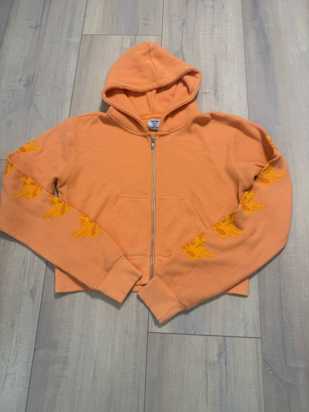 Boys Lie Orange Waffle Zip Hoodie with Silver Zipper